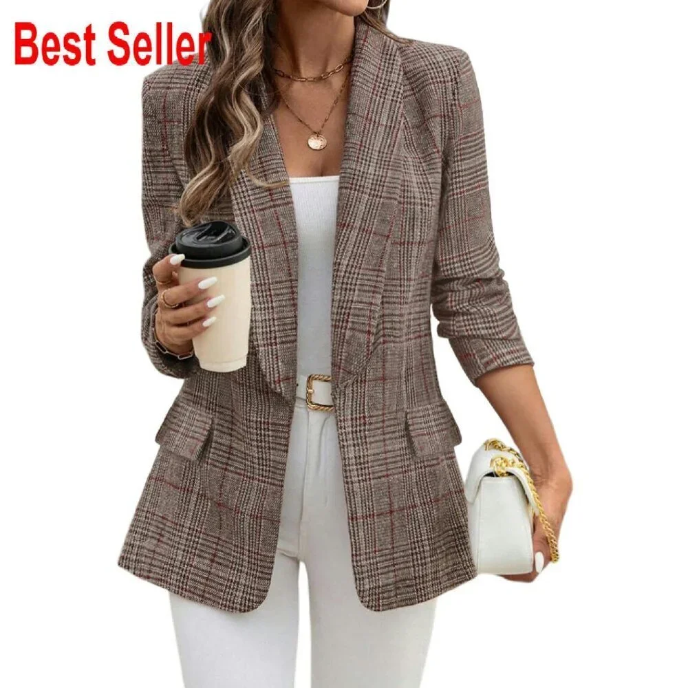 Shawl Collar Plaid Boyfriend Blazer Business Casual Open Front Office Jacket